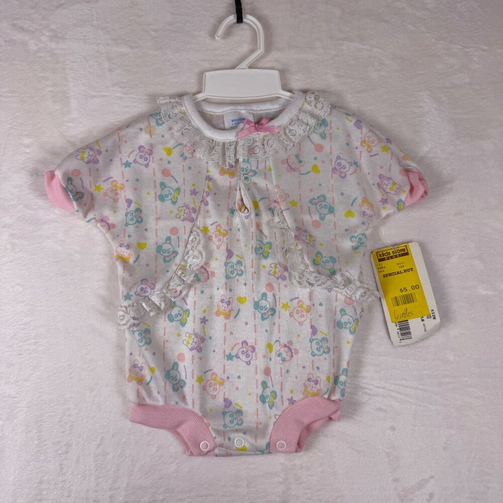 New Vintage Fisher Price Baby Onesie Pastel Animal Print Lace Trim 6 Months